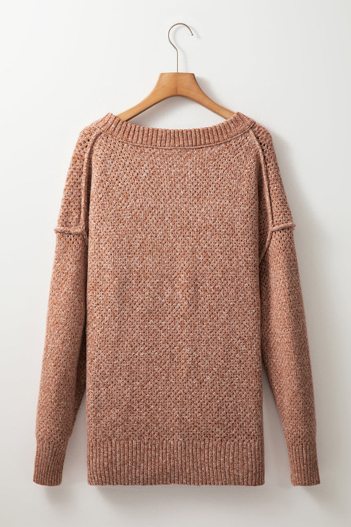 Loose Eyelet V Neck Drop Shoulder Sweater