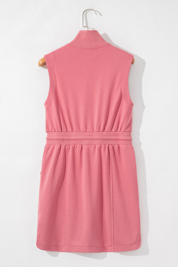 French Terry Zipped Collar Sleeveless Drawstring Waist Mini Dress