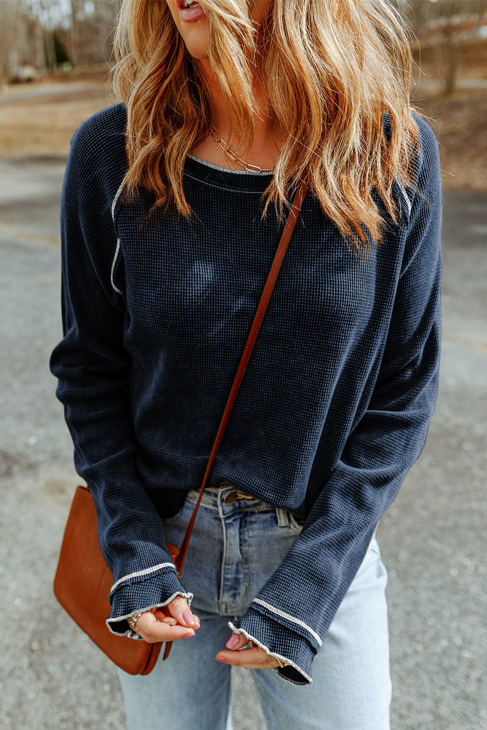 Textured Round Neck Long Sleeve Top