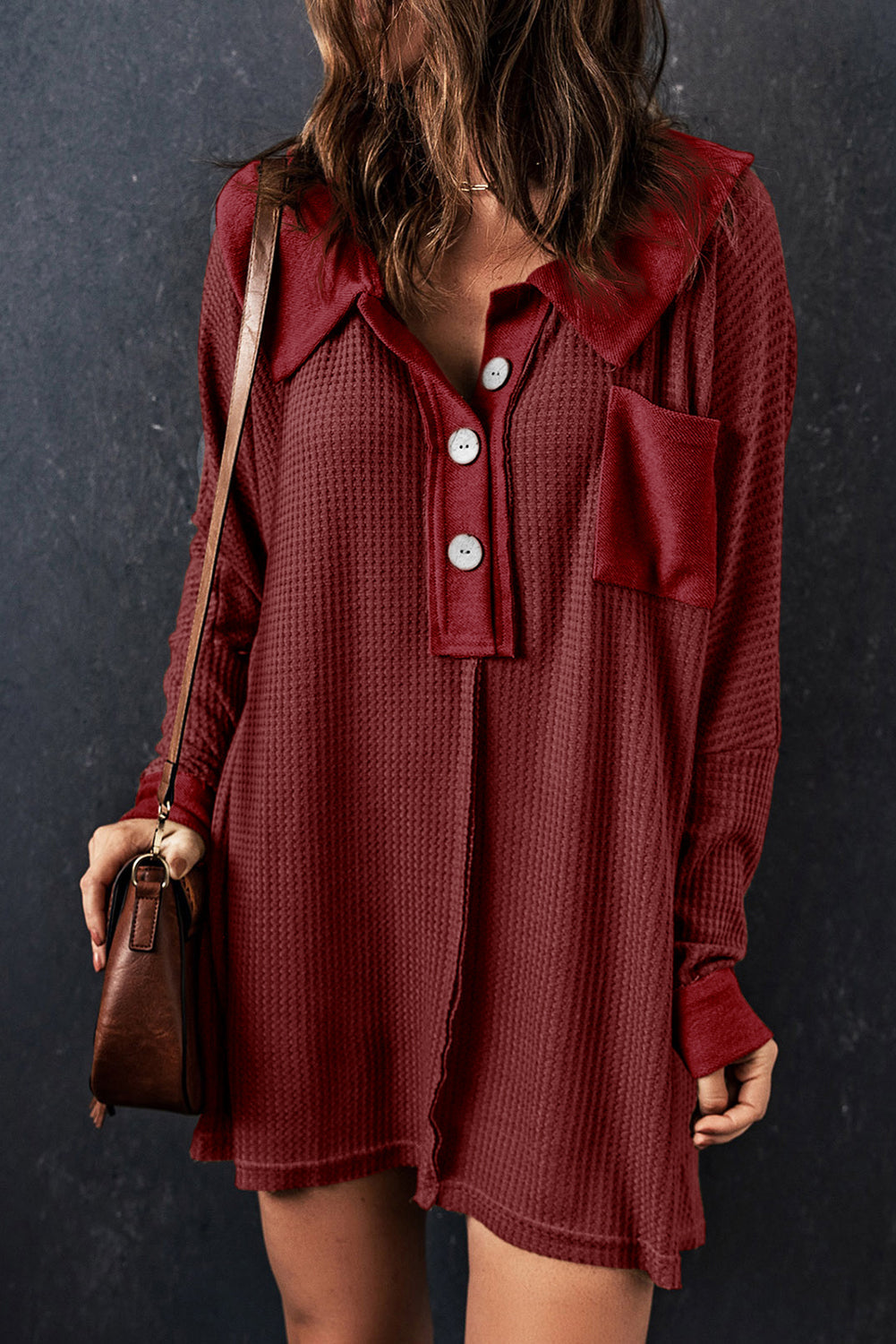 Waffle Knit Buttoned Long Sleeve Top