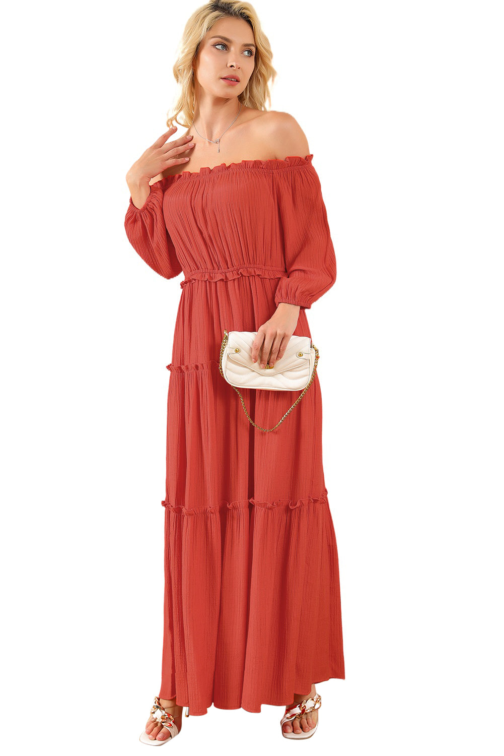 Off Shoulder Balloon Sleeve Cutout Ruffled Maxi Dress