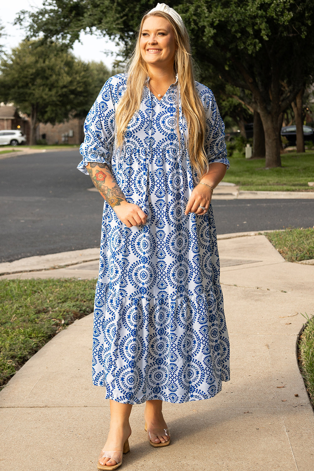 Geometric Print Lace-up Notch Neck Plus Size Maxi Dress