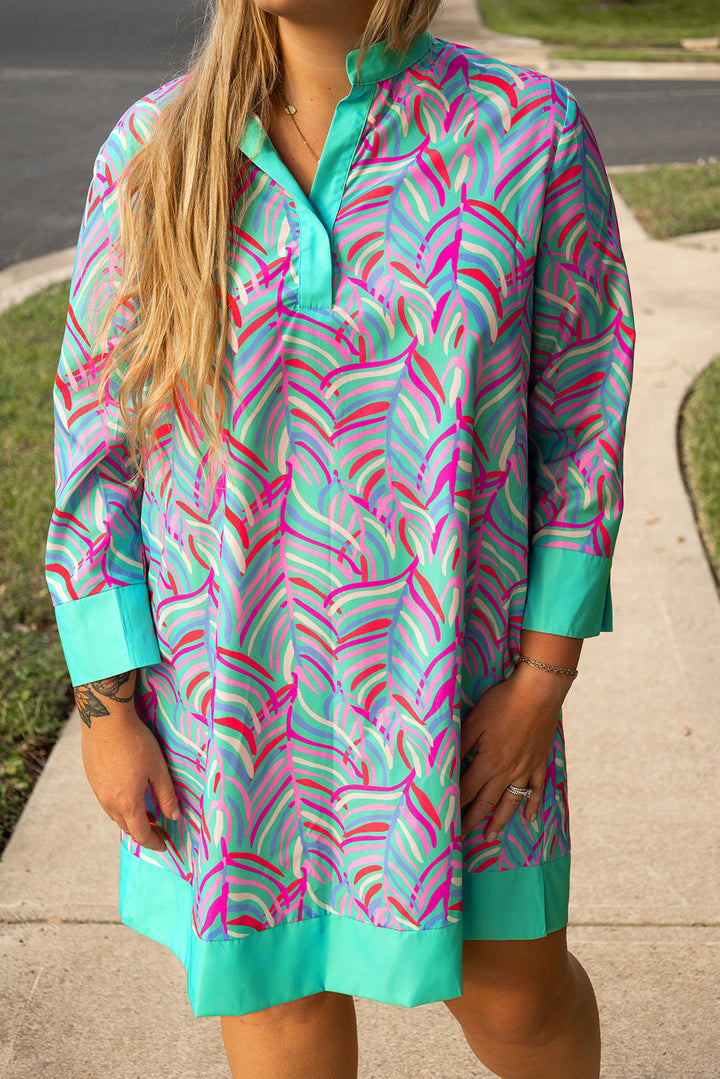 Plus Size Palm Pattern Long Sleeve Shift Dress