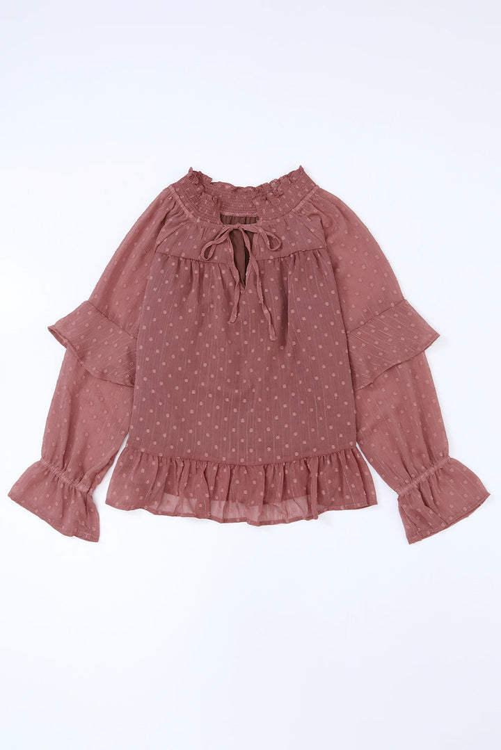 Swiss Dot Lace up V Neck Ruffled Blouse