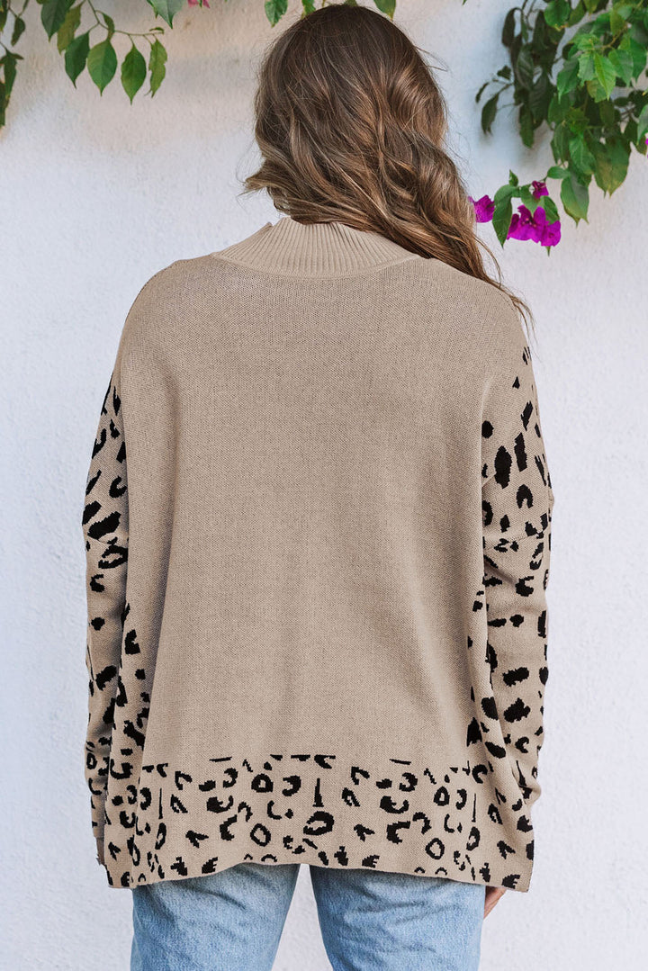 Sequin Turkey Leopard Mixed Pattern High Neck Sweater with Slits