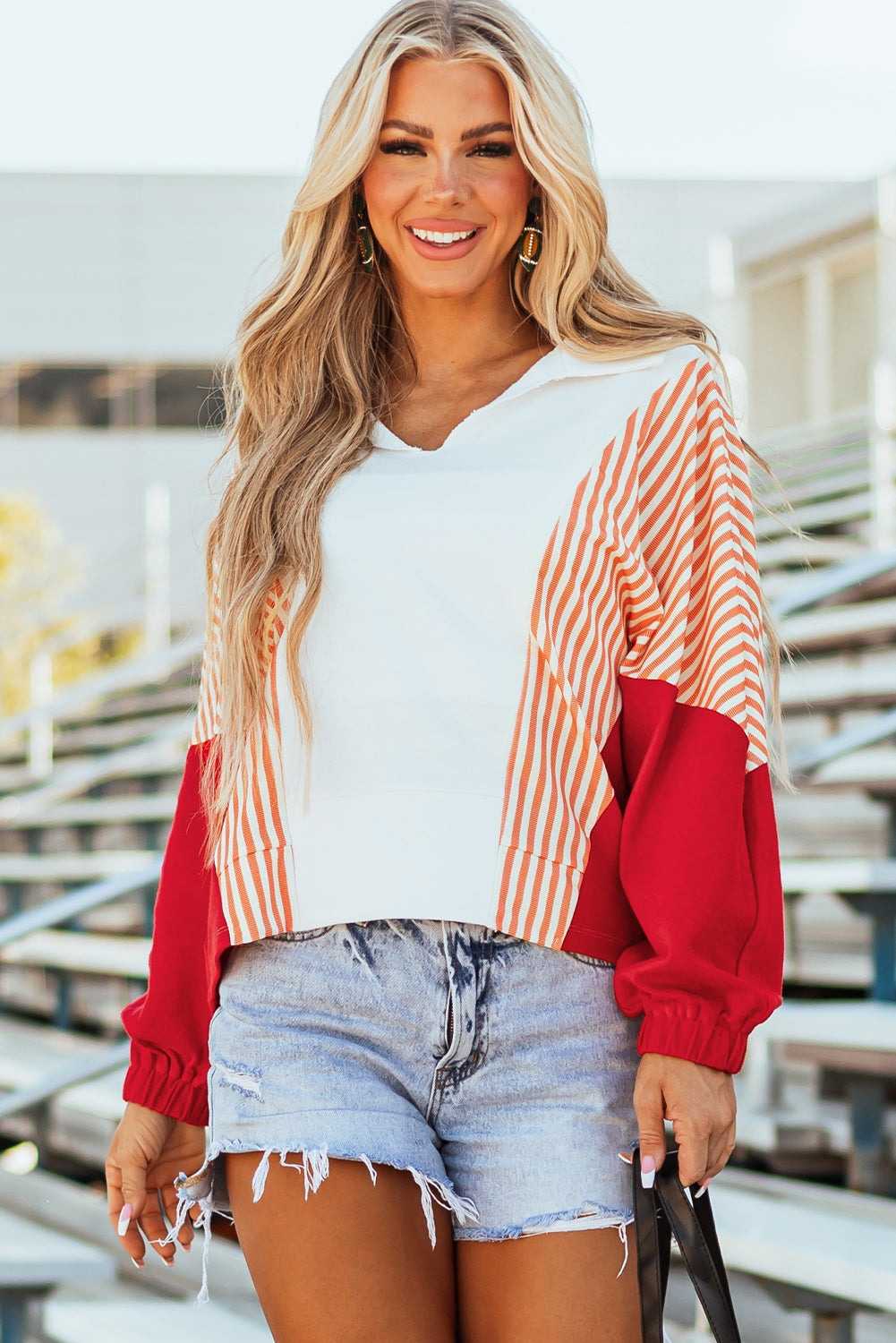 Striped Color Block Collared V Neck Oversized Sweatshirt