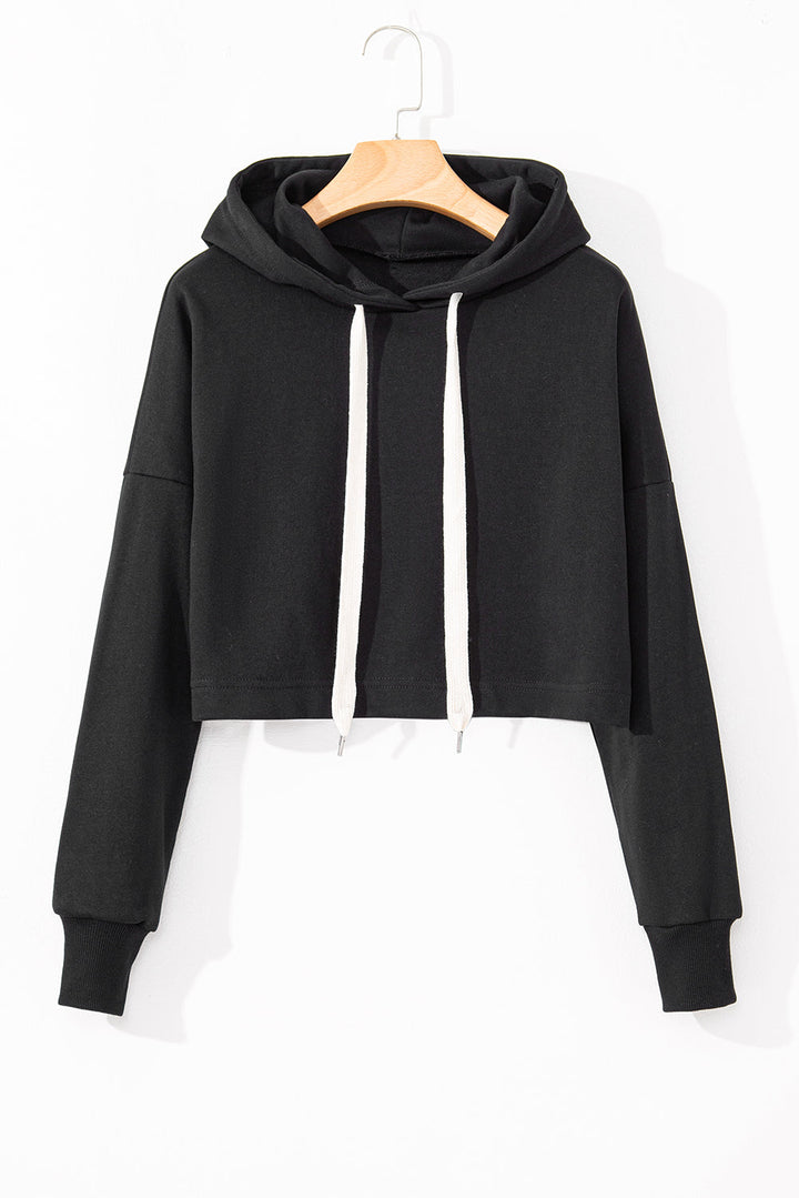 Solid Drop Shoulder Drawstring Cropped Hoodie