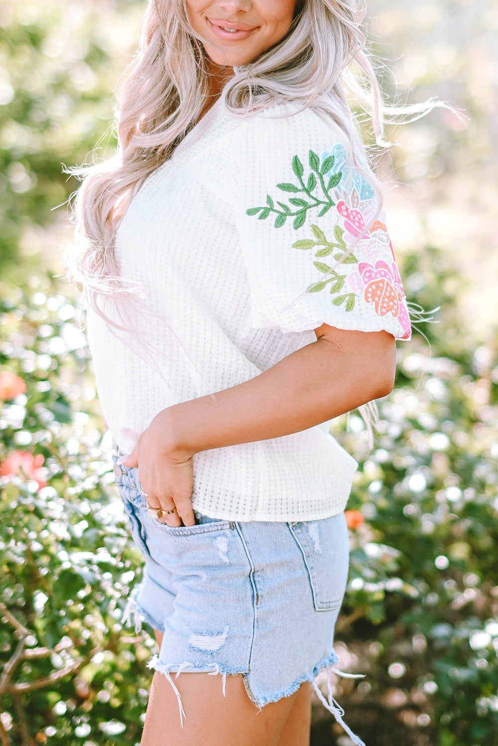 Floral Embroidered Puff Sleeve Notched Neck Blouse