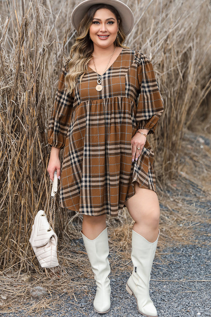 Plaid V Neck Plus Size Babydoll Dress