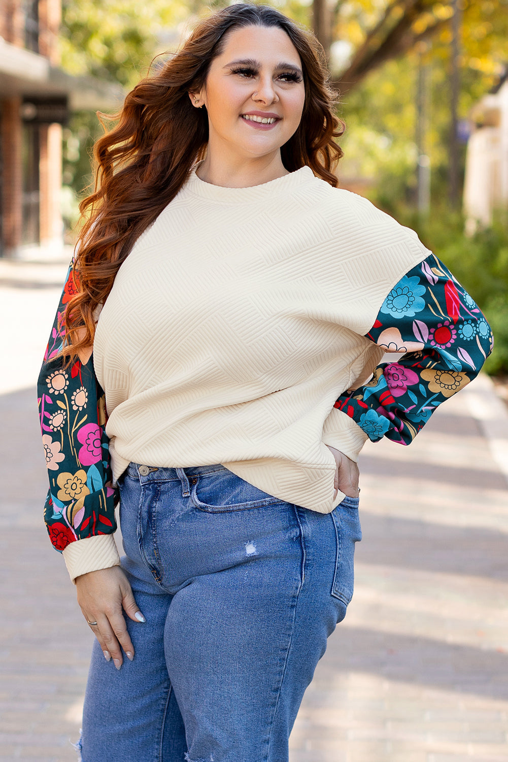 Floral Patchwork Sleeve Textured Plus Size Pullover Top