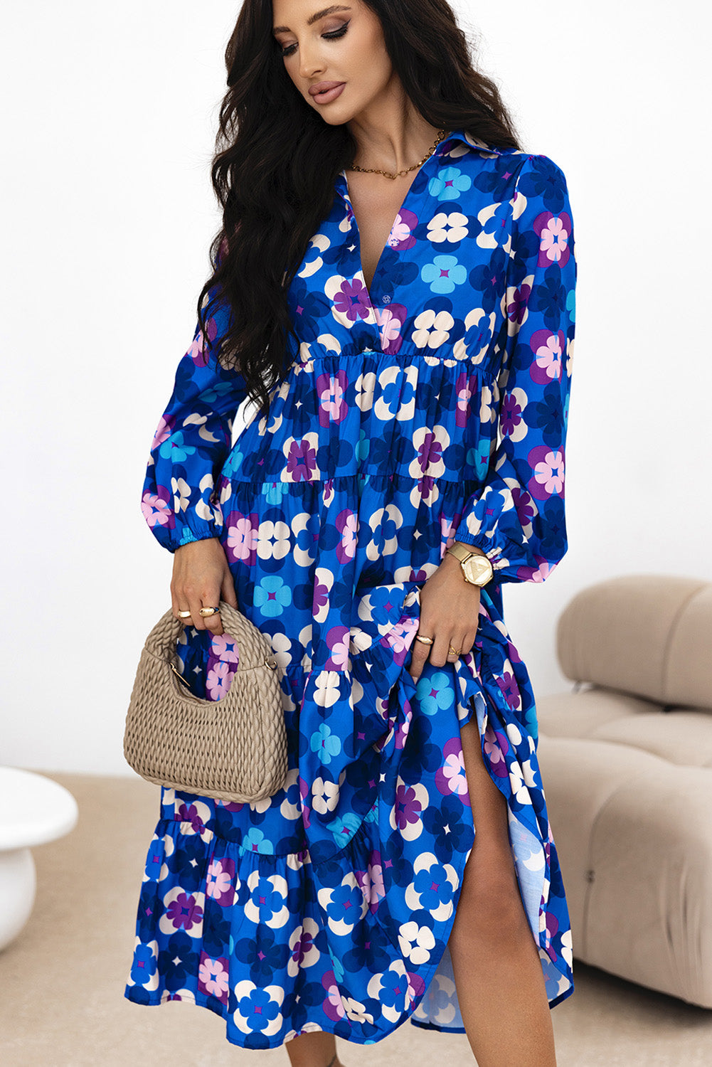 Floral Peasant Sleeve Tiered Ruffle Midi Dress