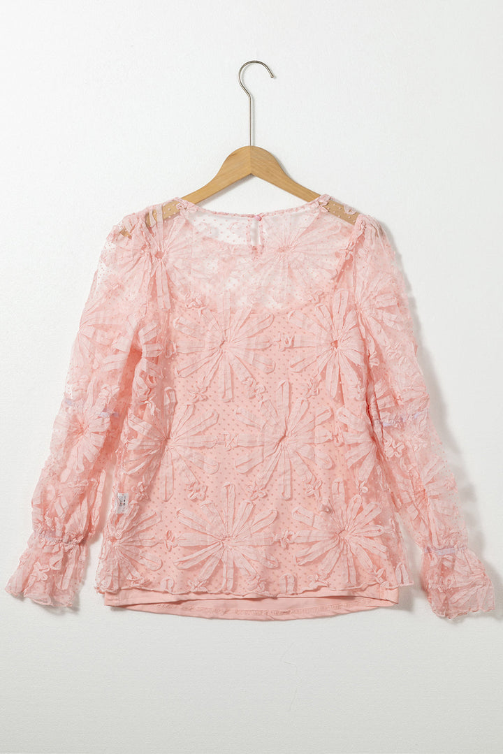 Flower Dotted Ruffled Sleeve Mesh Top