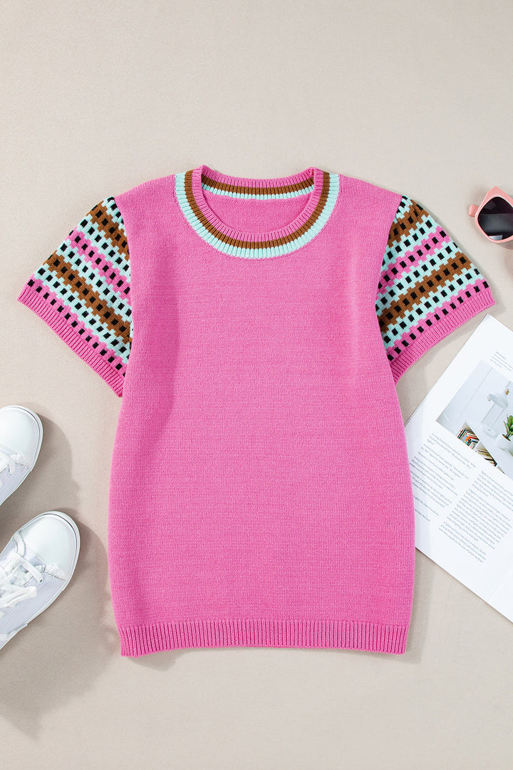 Contrast Printed Cap Sleeves Crewneck Sweater