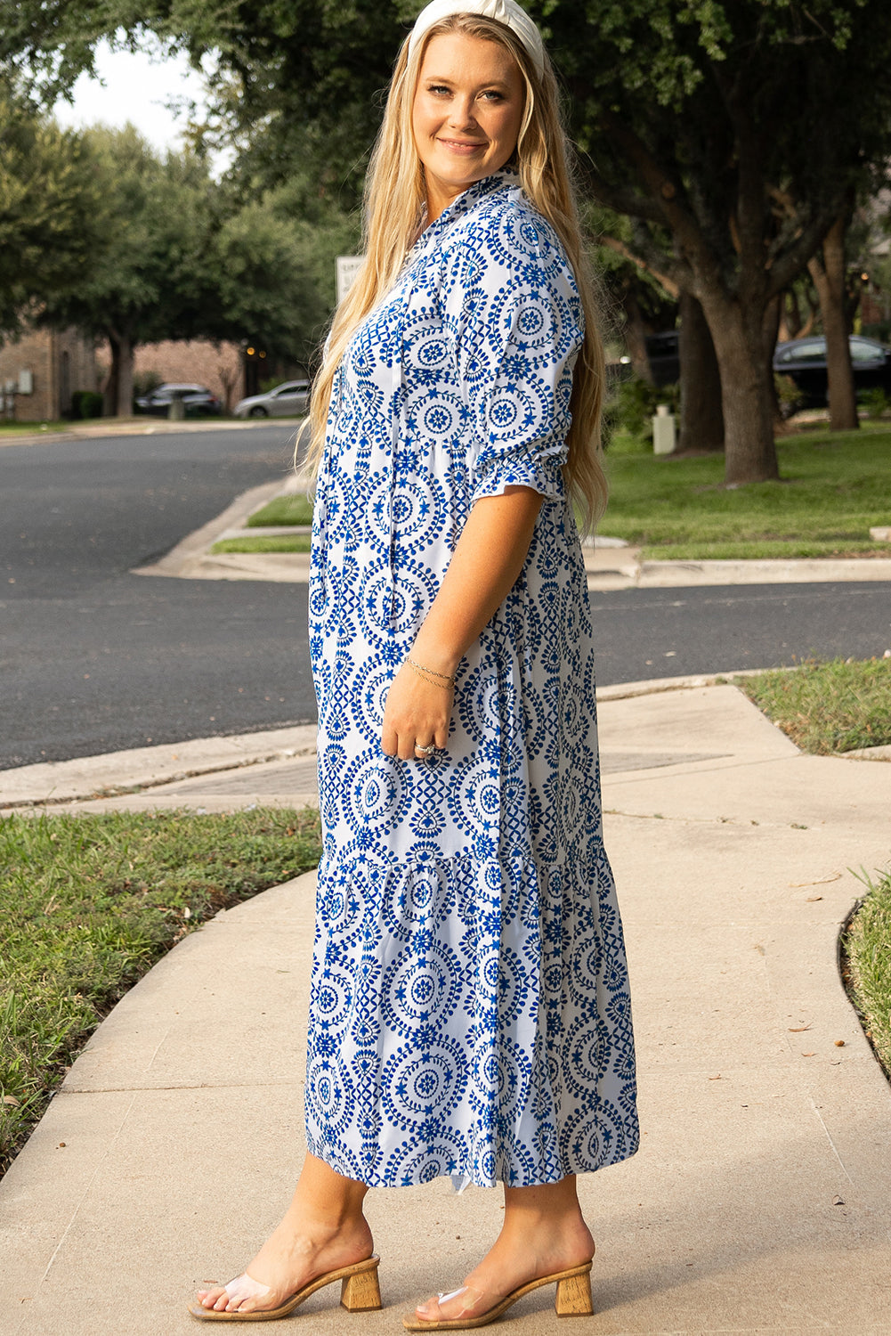 Geometric Print Lace-up Notch Neck Plus Size Maxi Dress