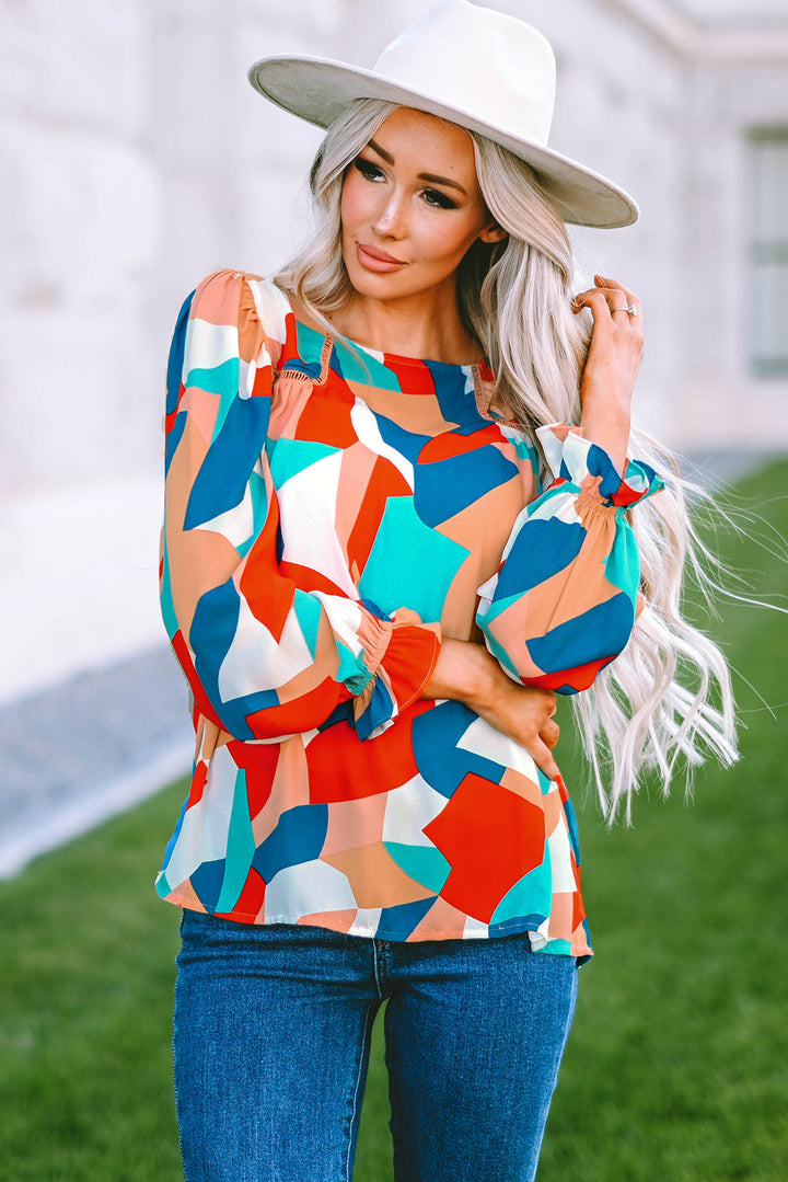 Abstract Pattern Crewneck Ruffled Puff Sleeve Blouse