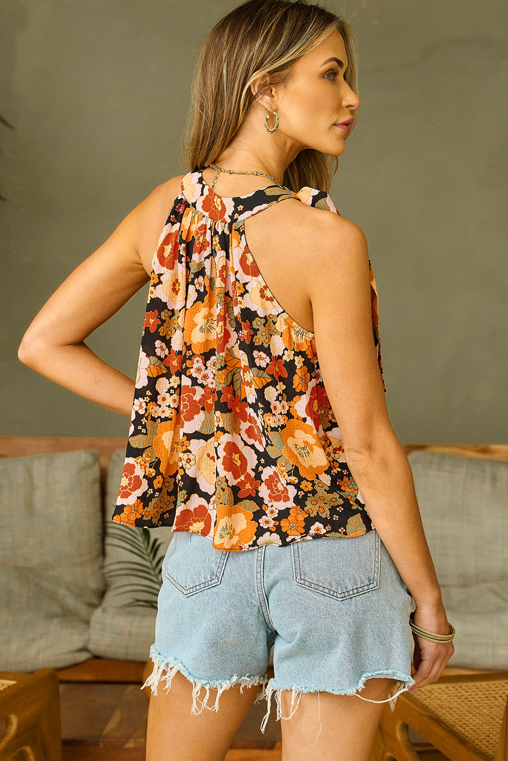 Floral Print Knotted Halter Neck Sleeveless Top