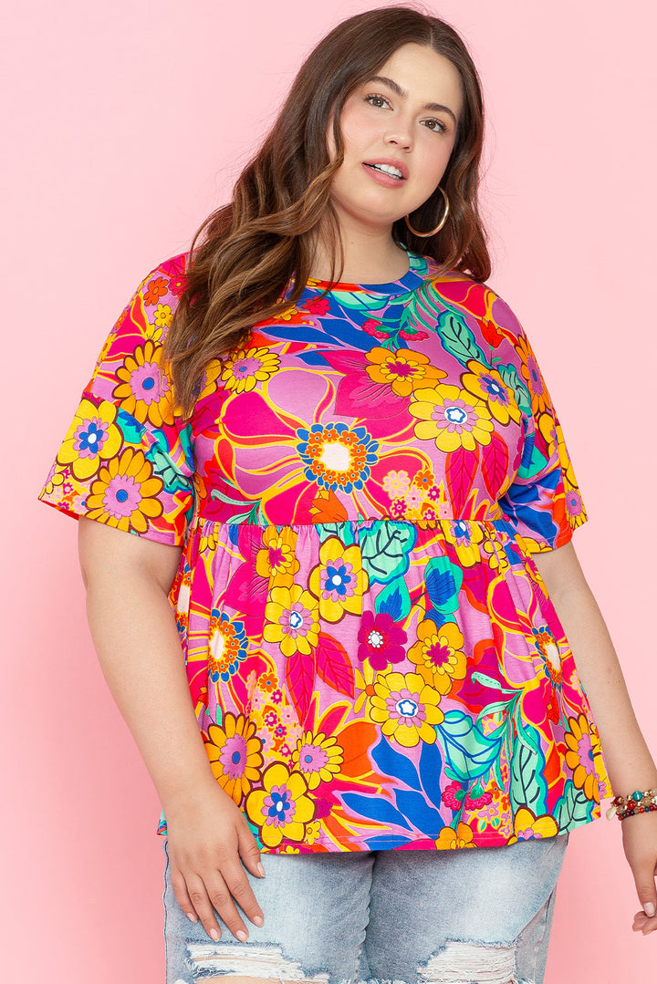 Floral Print Short Sleeve Plus Size Babydoll Blouse