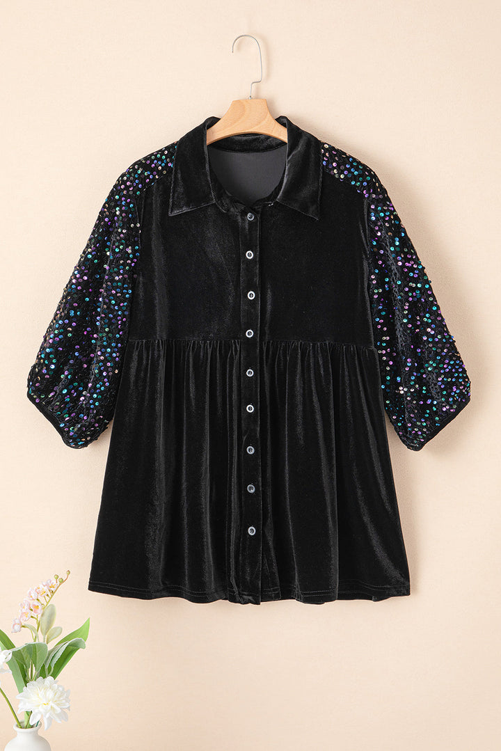 Sequin Puff Sleeve Buttoned Velvet Peplum Shirt