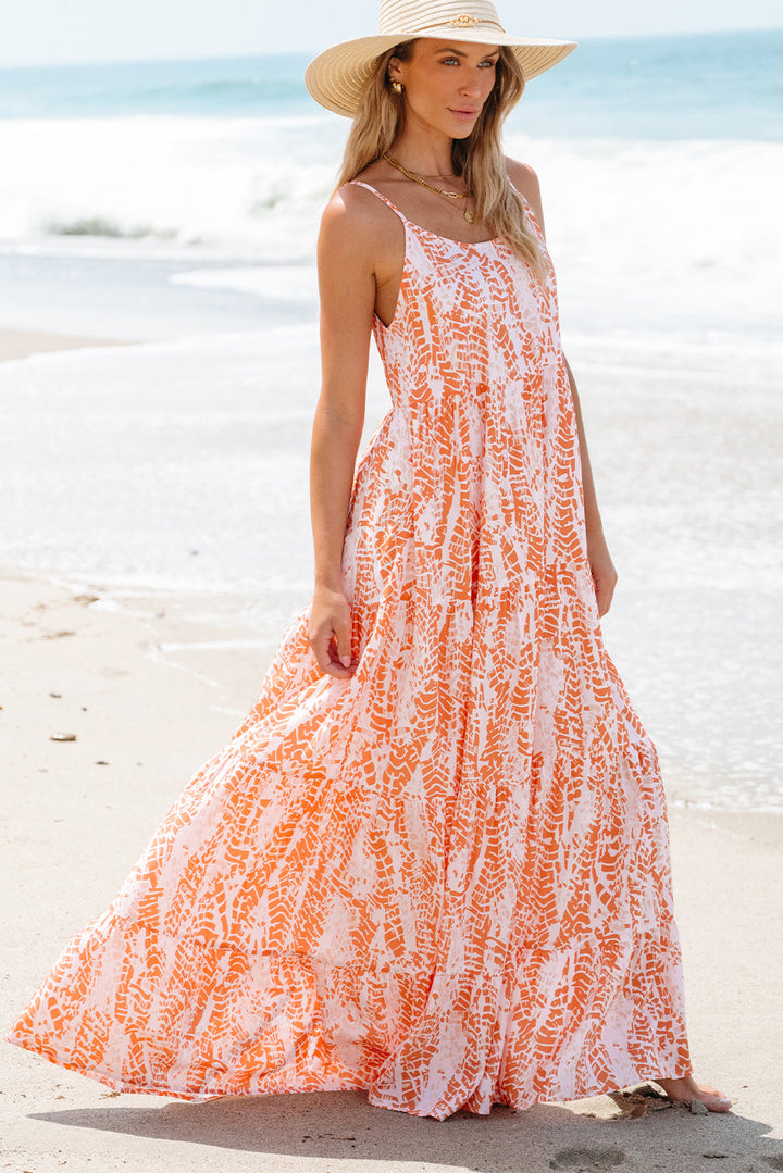 Abstract Print Spaghetti Straps Backless Tiered Maxi Dress