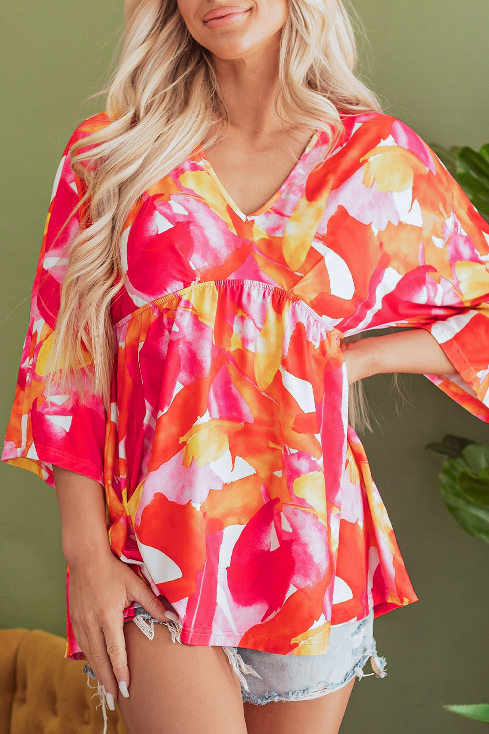 Abstract Print 3/4 Sleeve V Neck Ruffled Babydoll Blouse