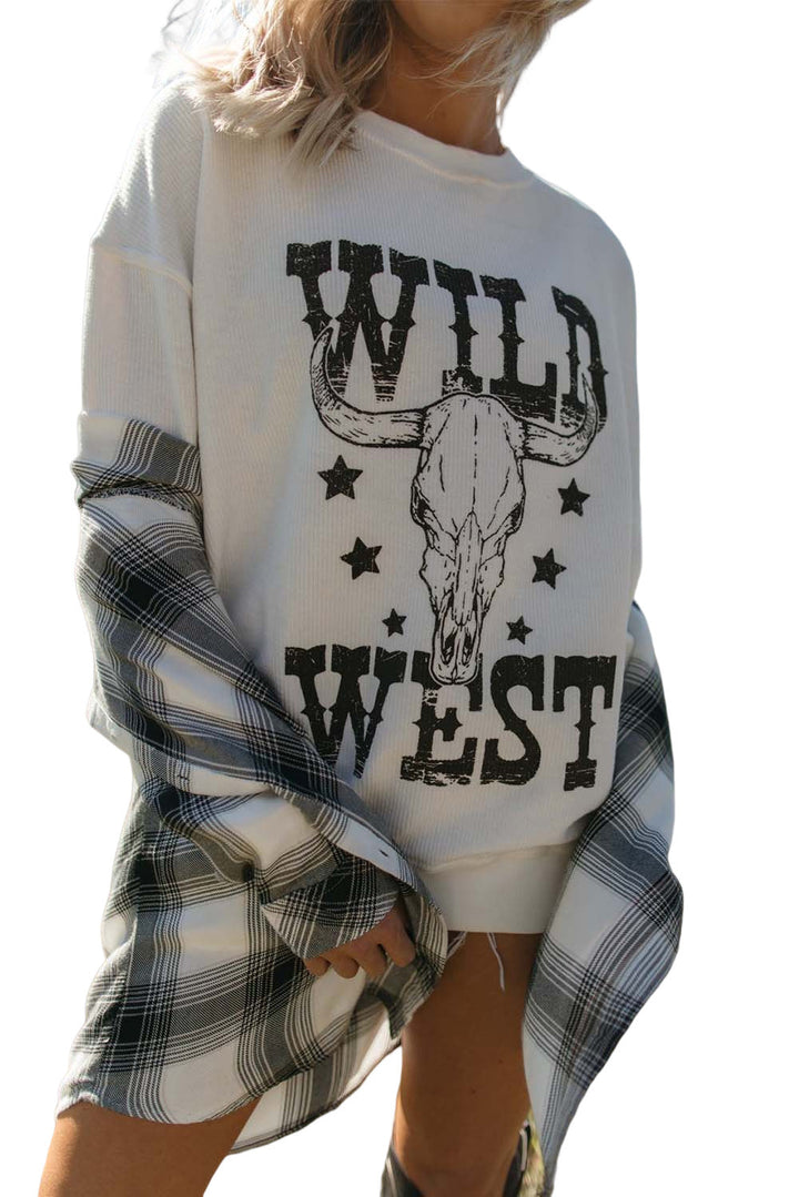 WILD WEST Steer Skull Graphic Ribbed Sweatshirt