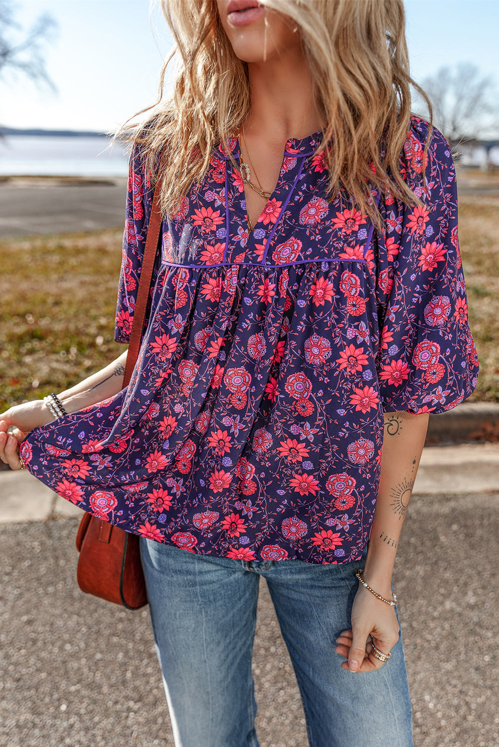 Floral Half Sleeve Split Neck Blouse Top