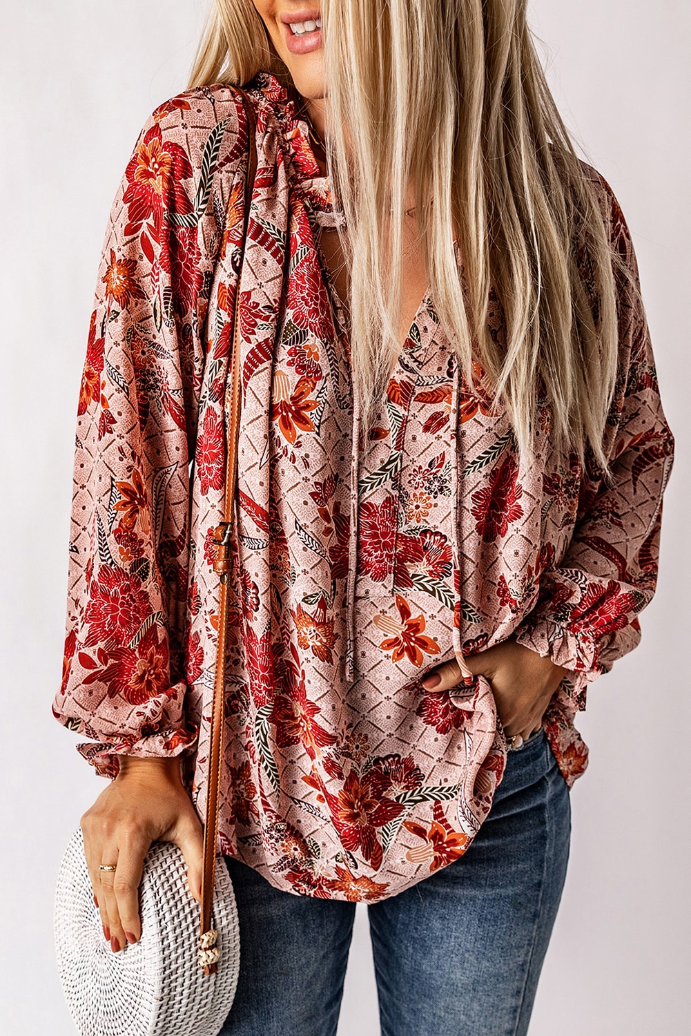 Split V Neck Printed Blouse