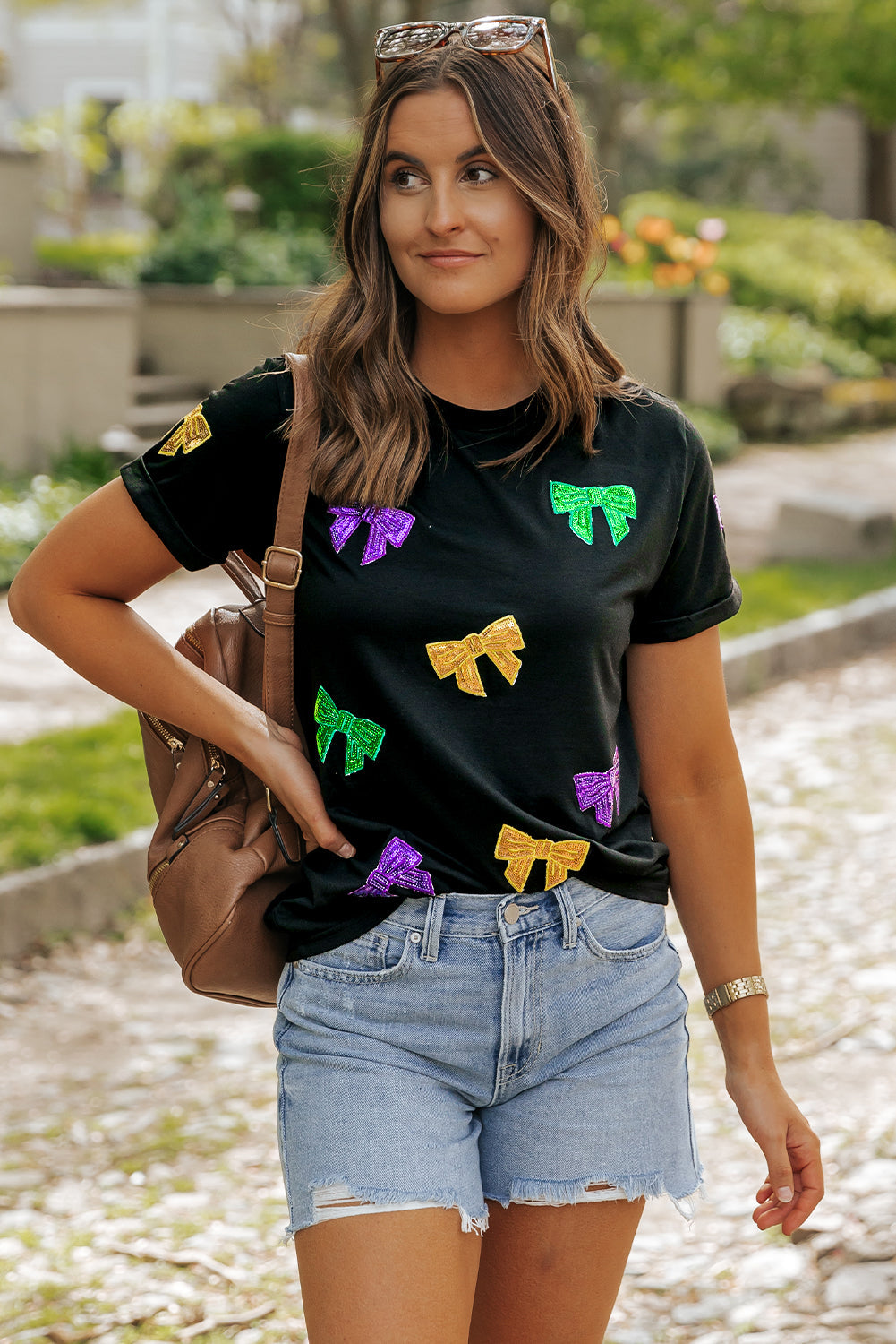 Mardi Gras Sequin Bow Knot Crew Neck T Shirt