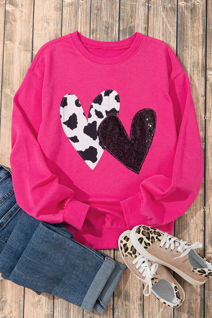 Cow & Sequin Double Heart Patch Graphic Sweatshirt