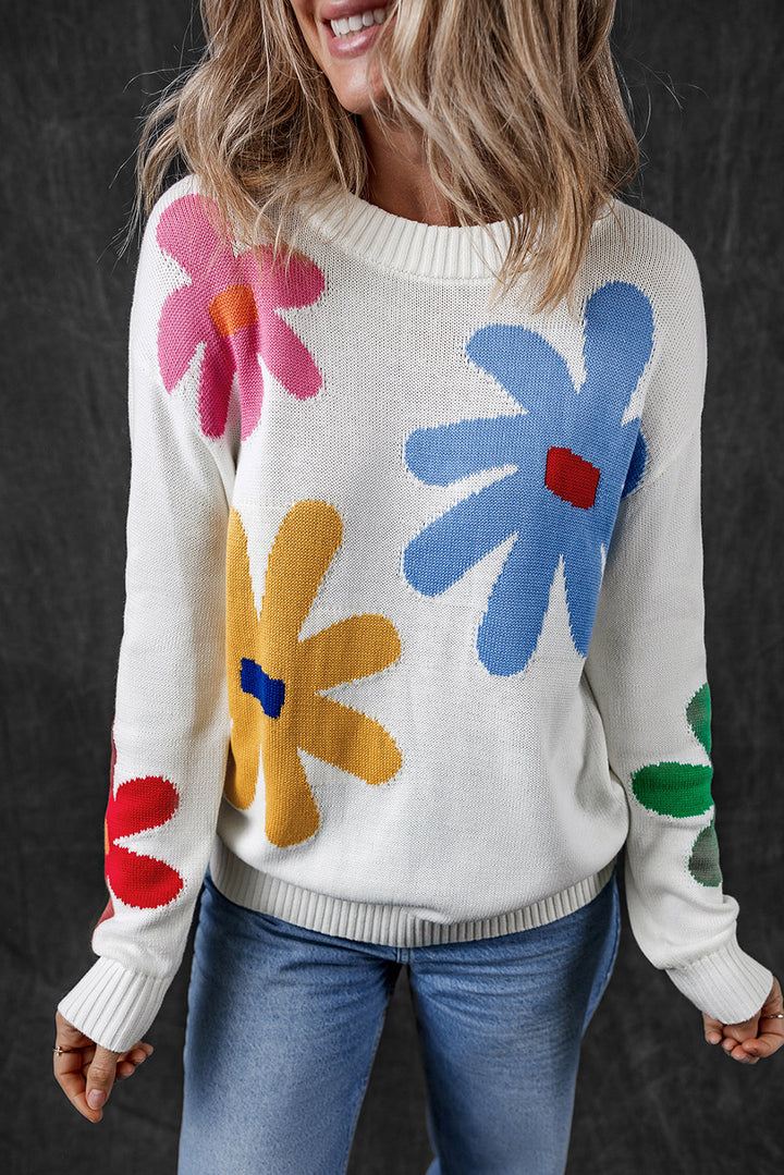 Colorful Big Flower Pattern Crewneck Sweater