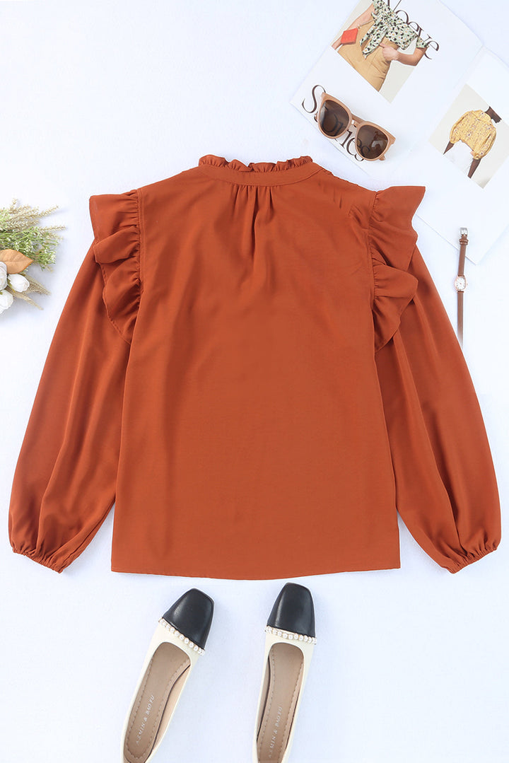 Ruffled Pleated Buttoned V Neck Blouse