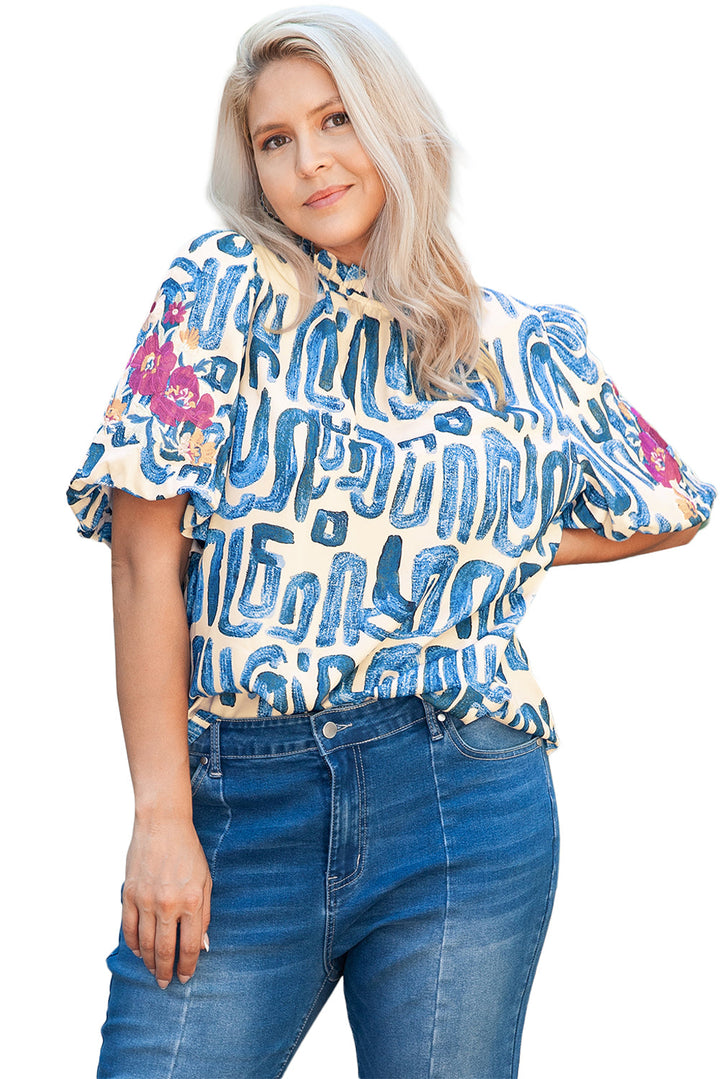 Plus Size Abstract Print Floral Embroidered Puff Sleeve Blouse