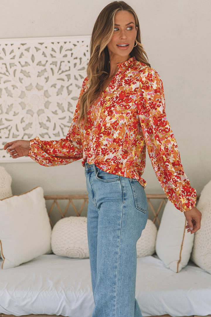 Frilled Split Neck Bubble Sleeve Floral Blouse