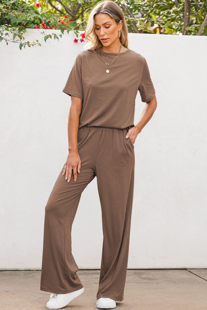 Solid Color T Shirt 2pcs Wide Leg Pants Set