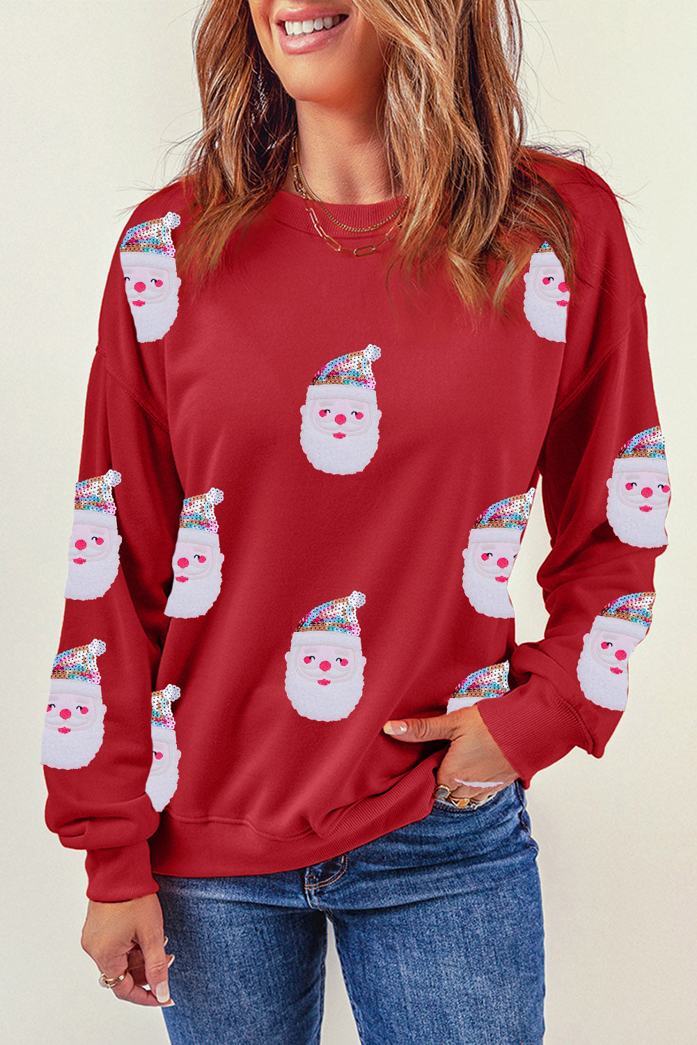 Fiery Red Sequined Christmas Santa Clause Graphic Sweatshirt