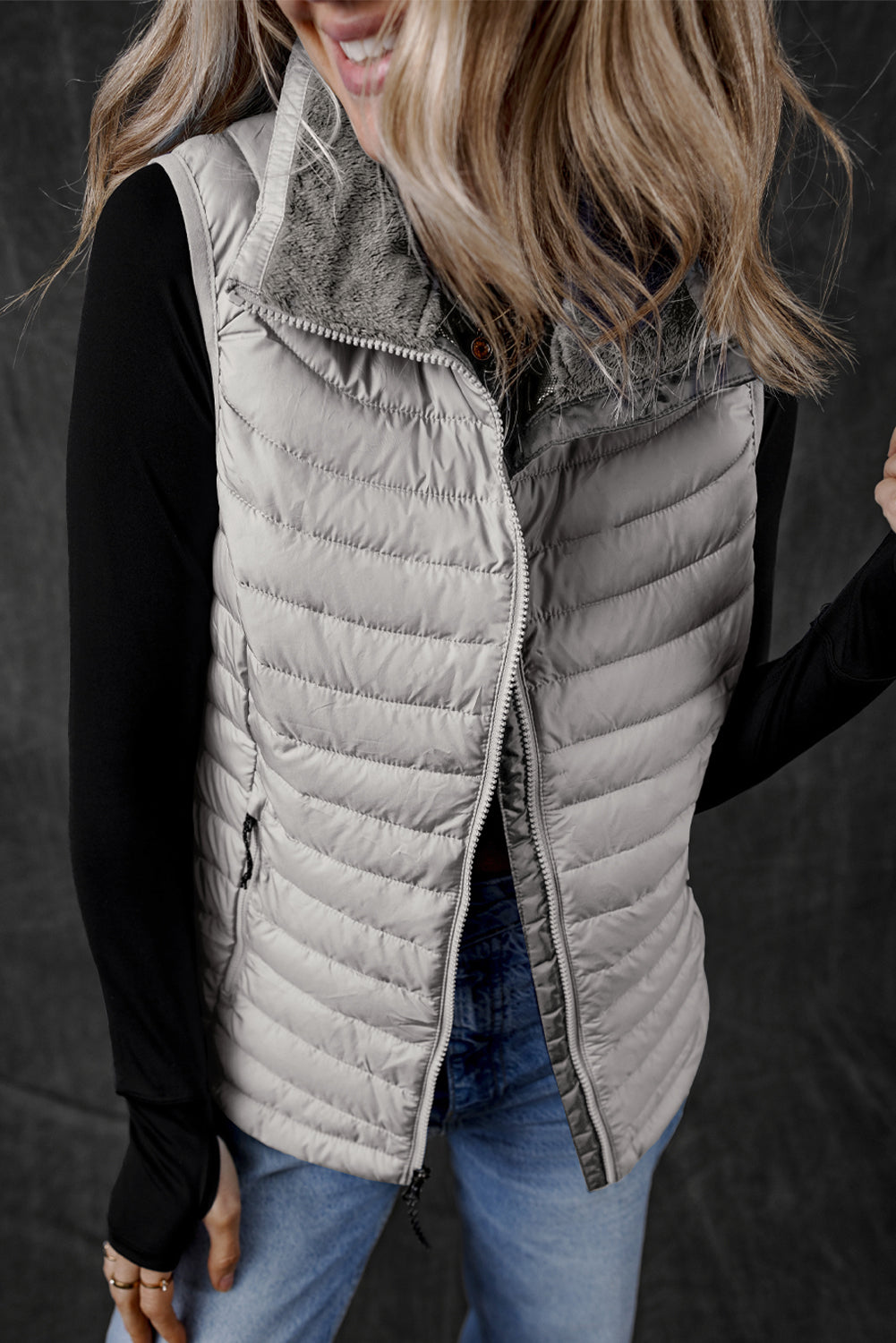 Plush Collared Quilted Zipped Puffer Vest