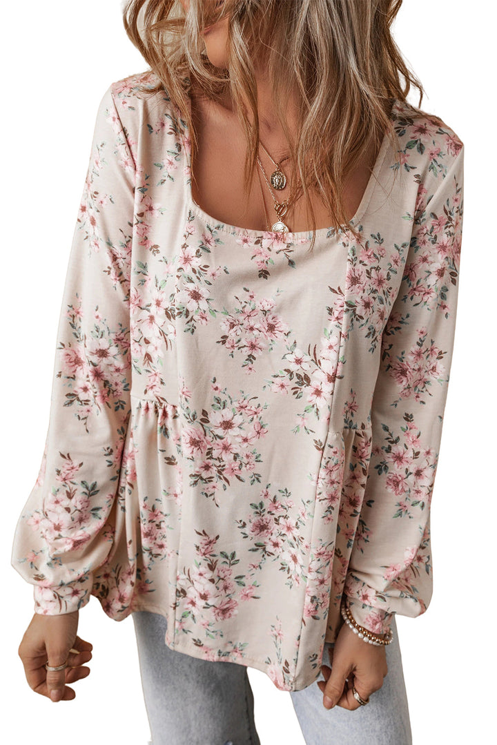 Floral Print Pleated U Neck Loose Fit Blouse