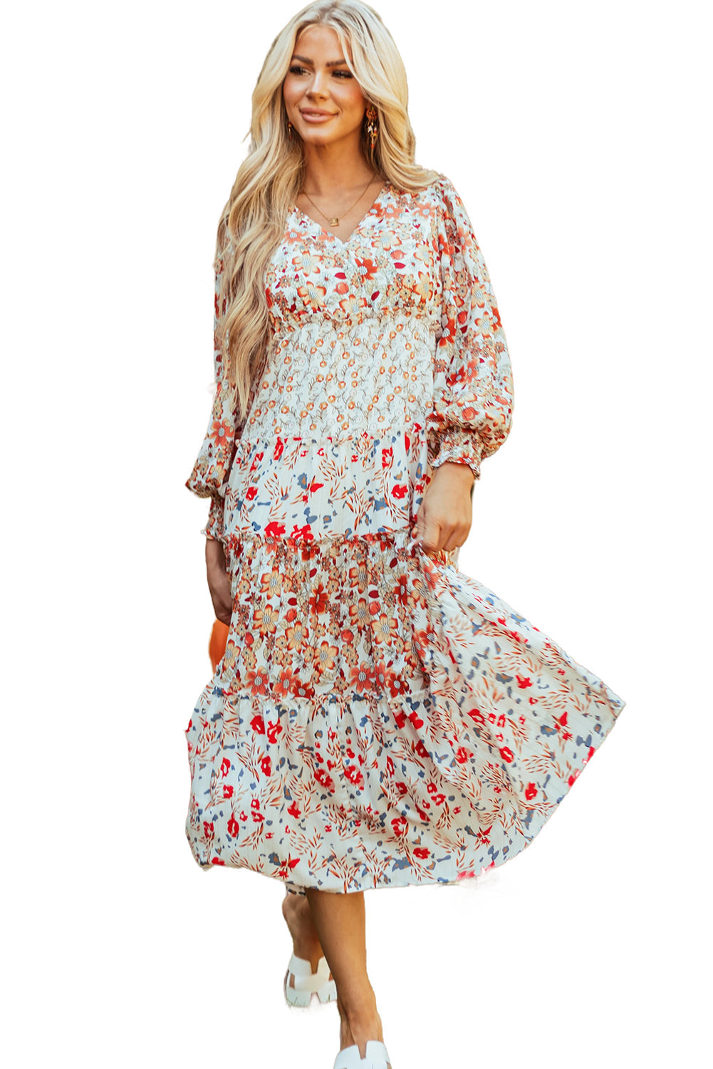 Floral Print Ruffled Tiered Long Sleeve V Neck Midi Dress