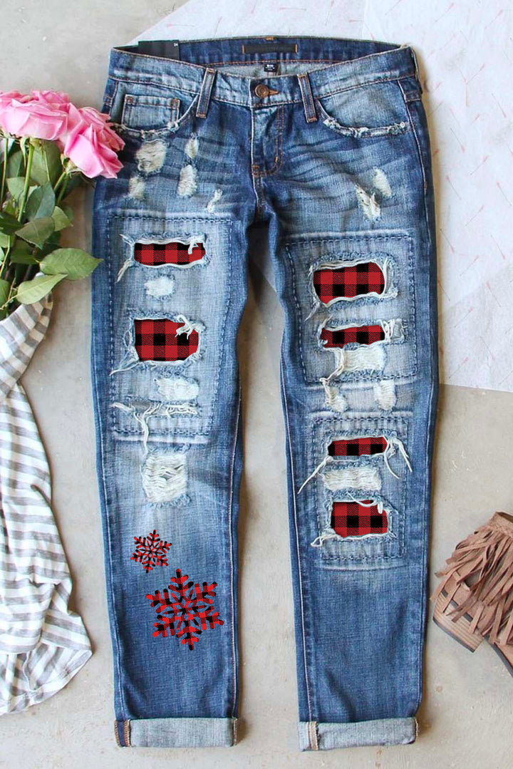 Plaid Snowflake Distressed Patchwork Jeans