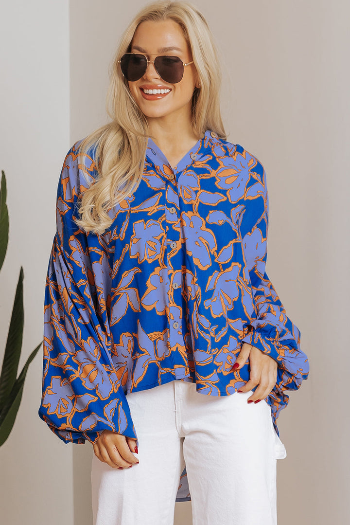 Floral Print Batwing Sleeve Buttoned Loose Fit Shirt