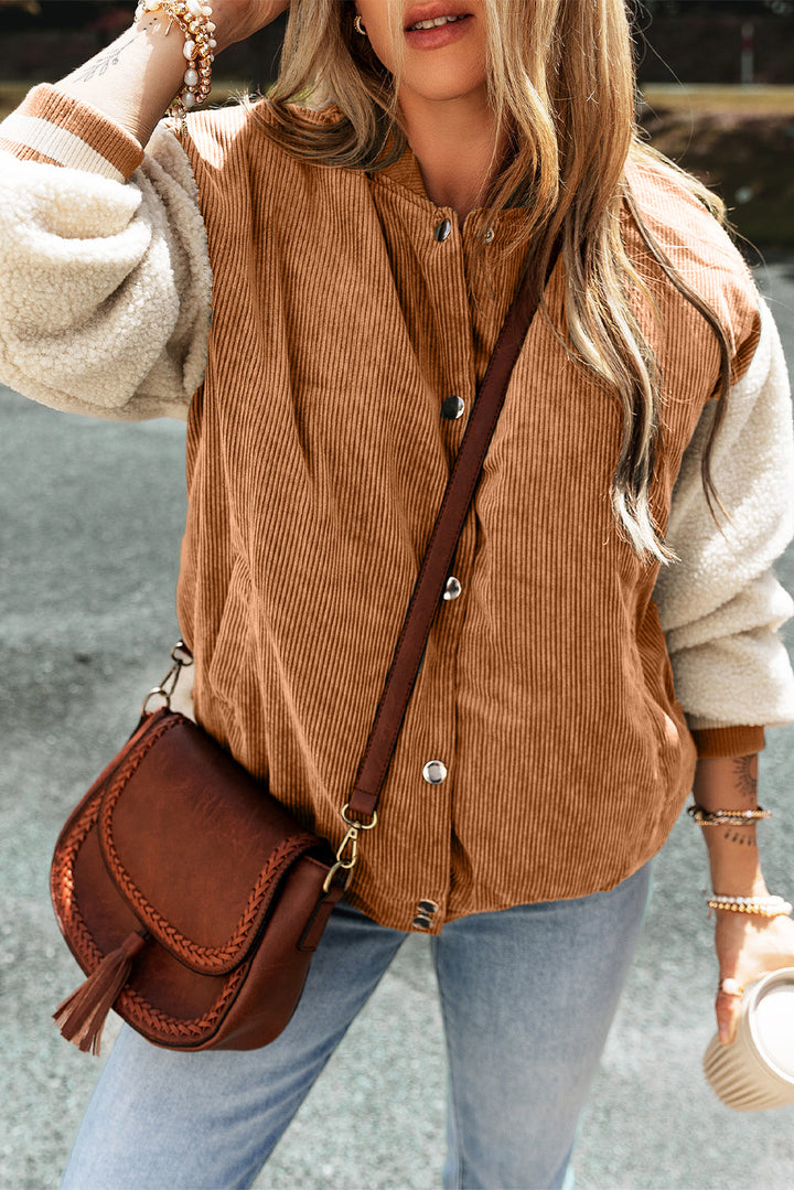 Corduroy Fleece Patchwork Buttoned Bomber Jacket