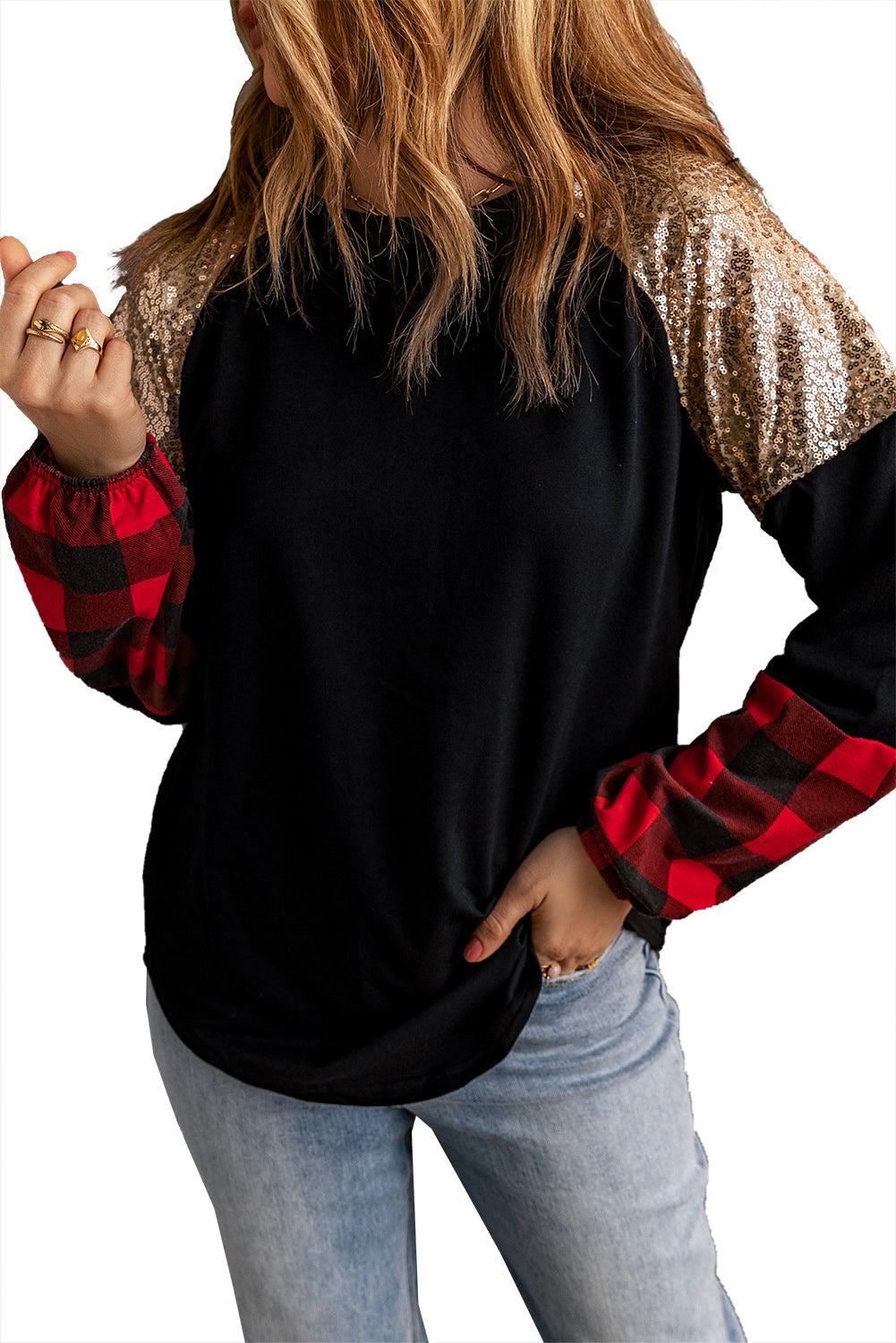 Crewneck Lantern Sleeve Plaid Sequin Splicing Blouse