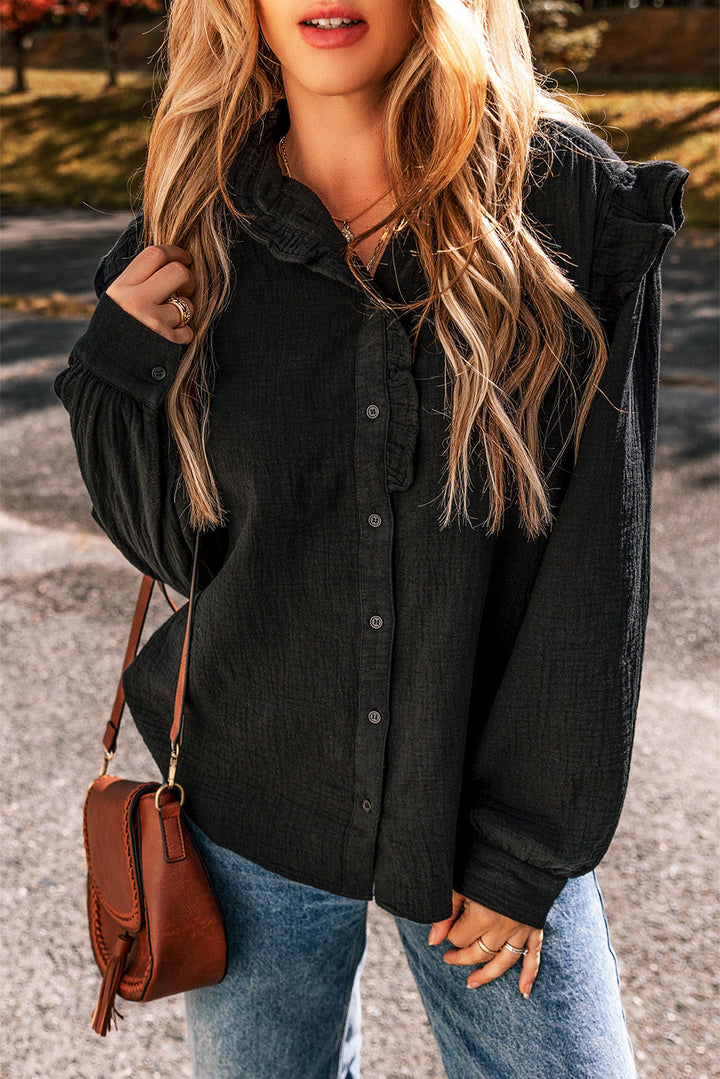 Textured Ruffled Trim Buttoned Loose Fit Shirt