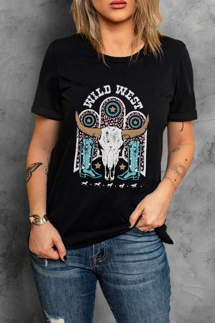 WILD WEST Steer Skull Graphic T Shirt