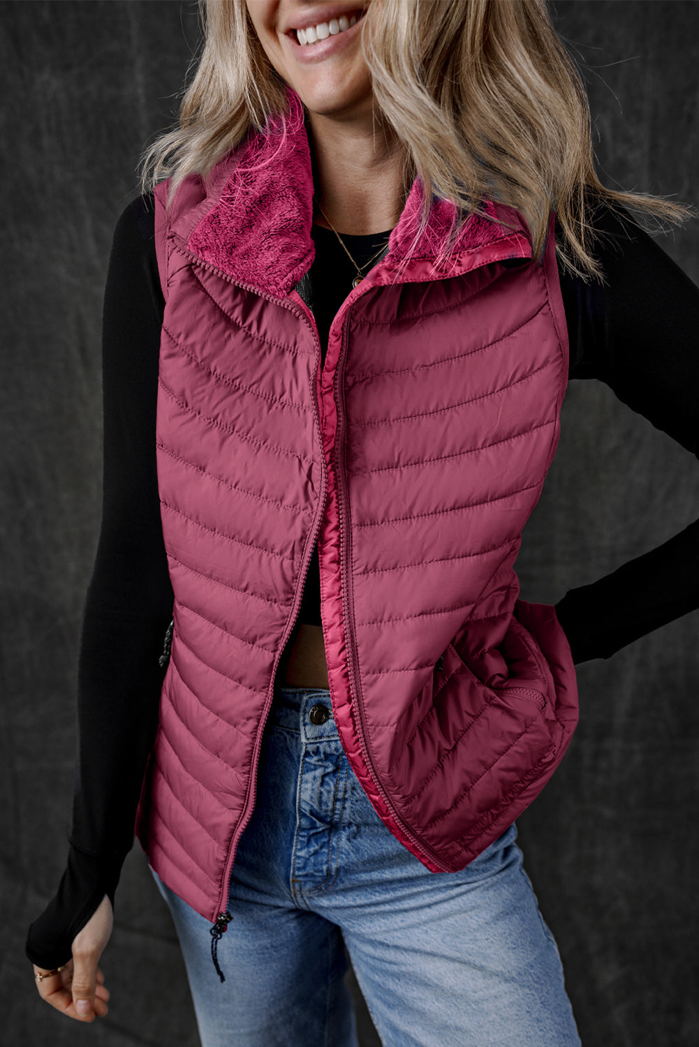 Plush Collared Quilted Zipped Puffer Vest