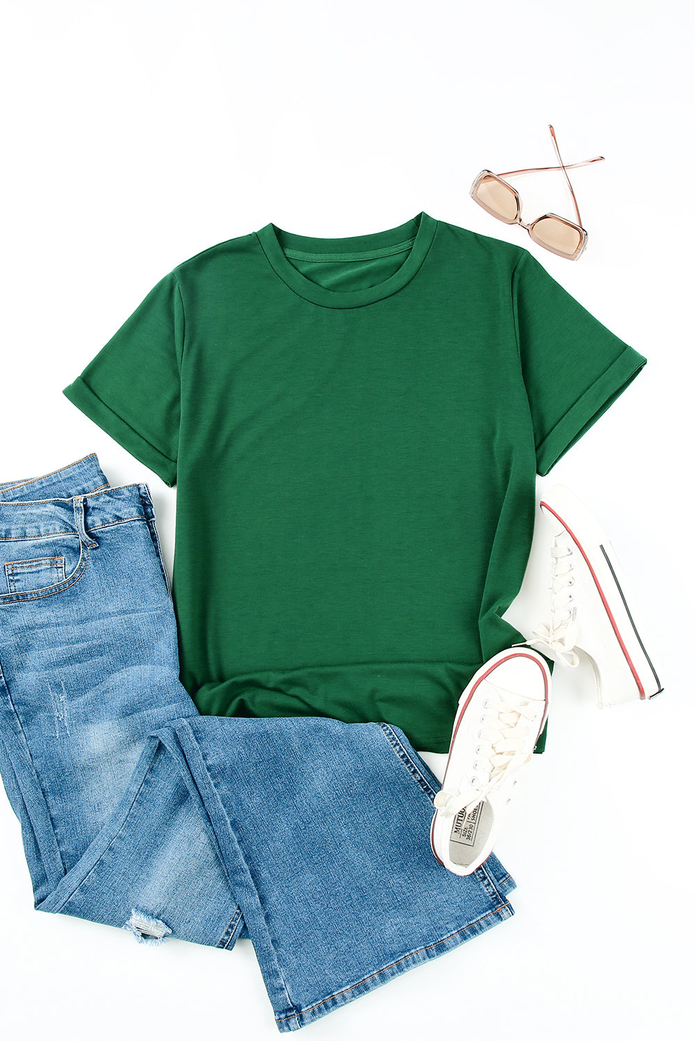 Green Solid Color Crew Neck Tee