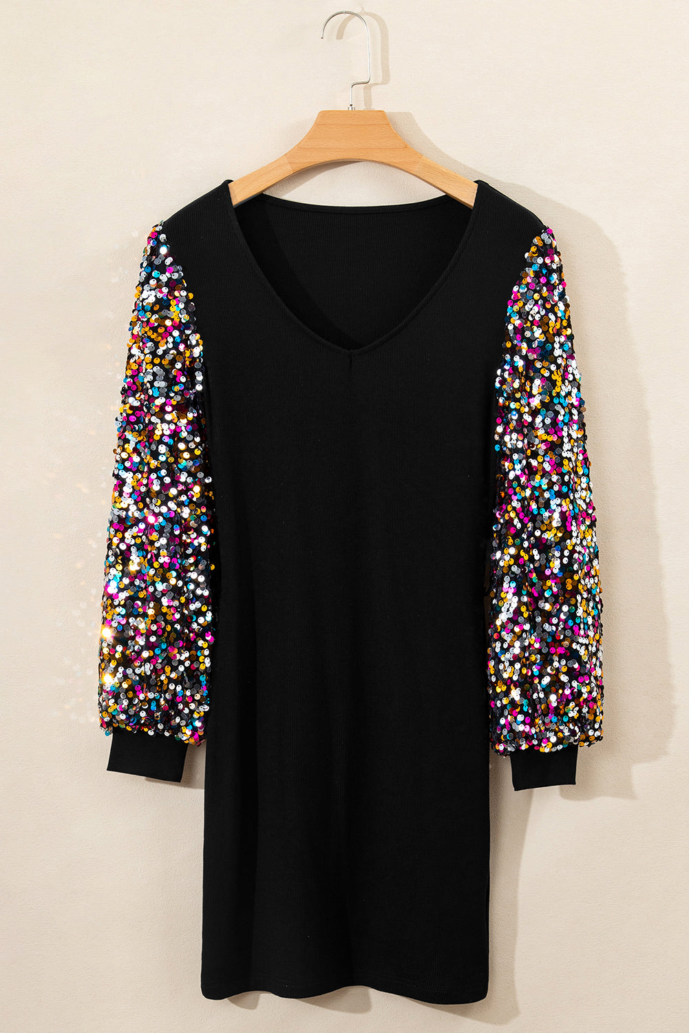 Sequin Bishop Sleeve U Neck Mini Sweater Dress