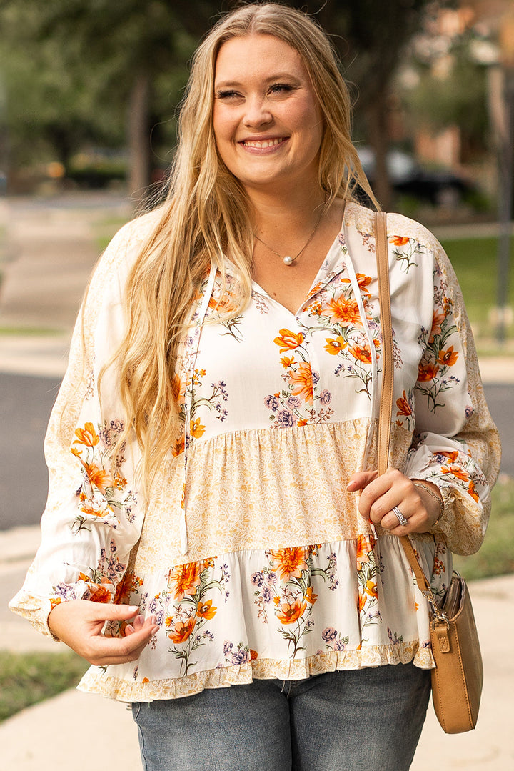 Plus Size Floral Print V Neck Puff Sleeve Blouse