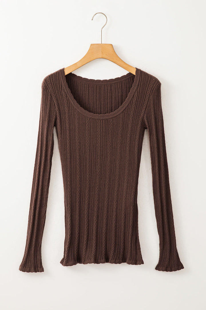 Solid Color Rib Knit U Neck Slim Fit Long Sleeve Top