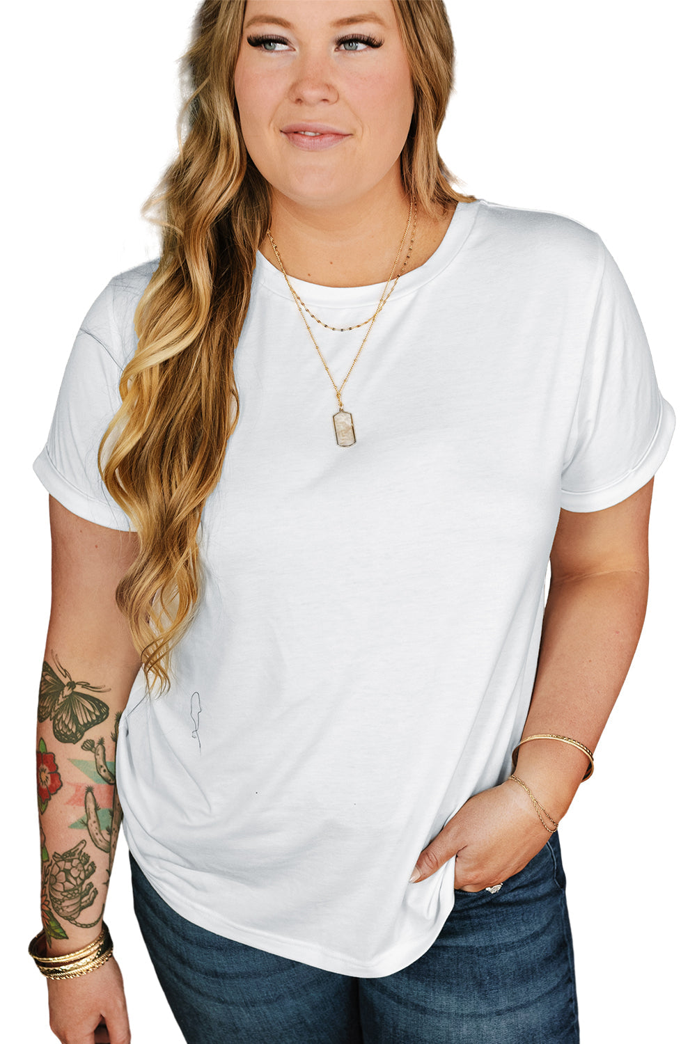 Round Neck Rolled Sleeve Plus Size T-shirt